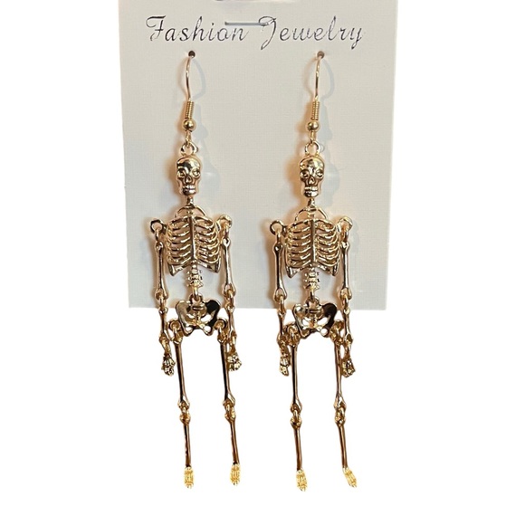 Gold skeleton four inch dangle earrings french wire alloy - Picture 2 of 6